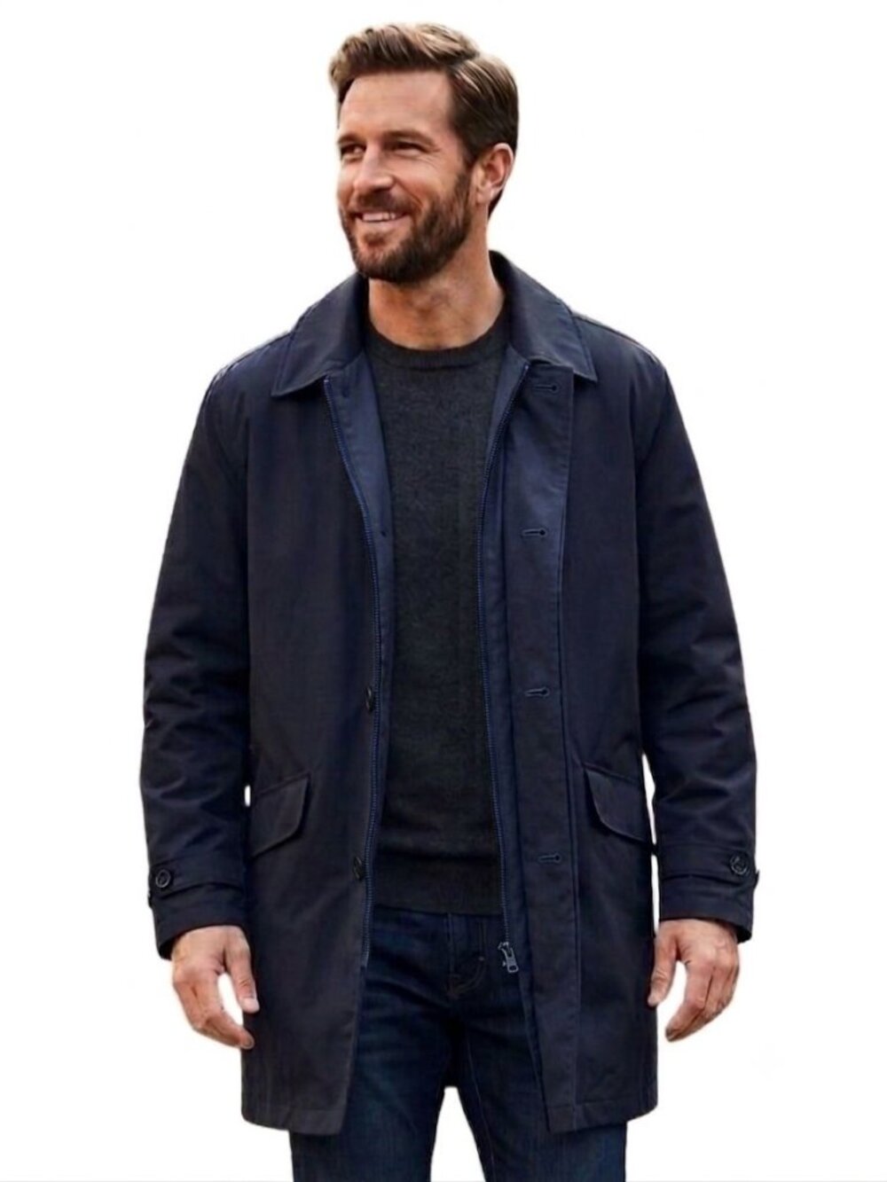 Lands' End Navy Overcoat All Season Full Zip Button Closure Pockets Size XL